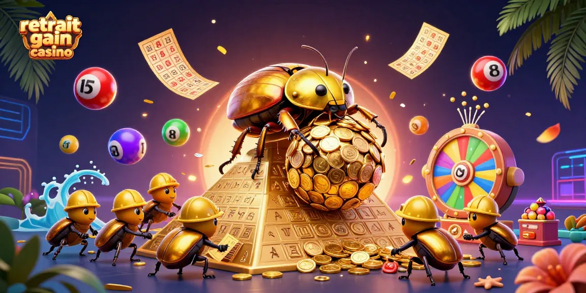 Présentation dynamique de retrait gain casino avec des symboles de loterie colorés et un scarabée doré au sommet d'une pyramide.