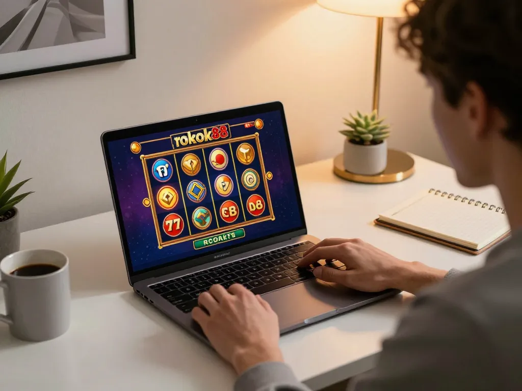 Engaging in a rokok88 slot game on a laptop in a stylish home office, showcasing strategic gambling.