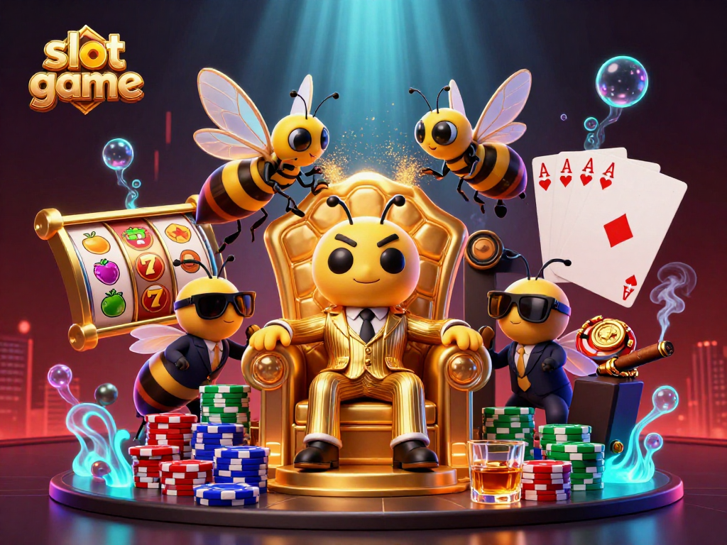 Engage in a thrilling slot game with vibrant reels and a 3D mob boss scene.