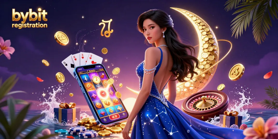 Experience seamless bybit registration with an elegant Asian woman amidst vibrant casino elements.