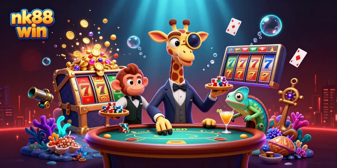 Experience nk88 win excitement with vibrant casino scene featuring a giraffe, monkey, and chameleon!