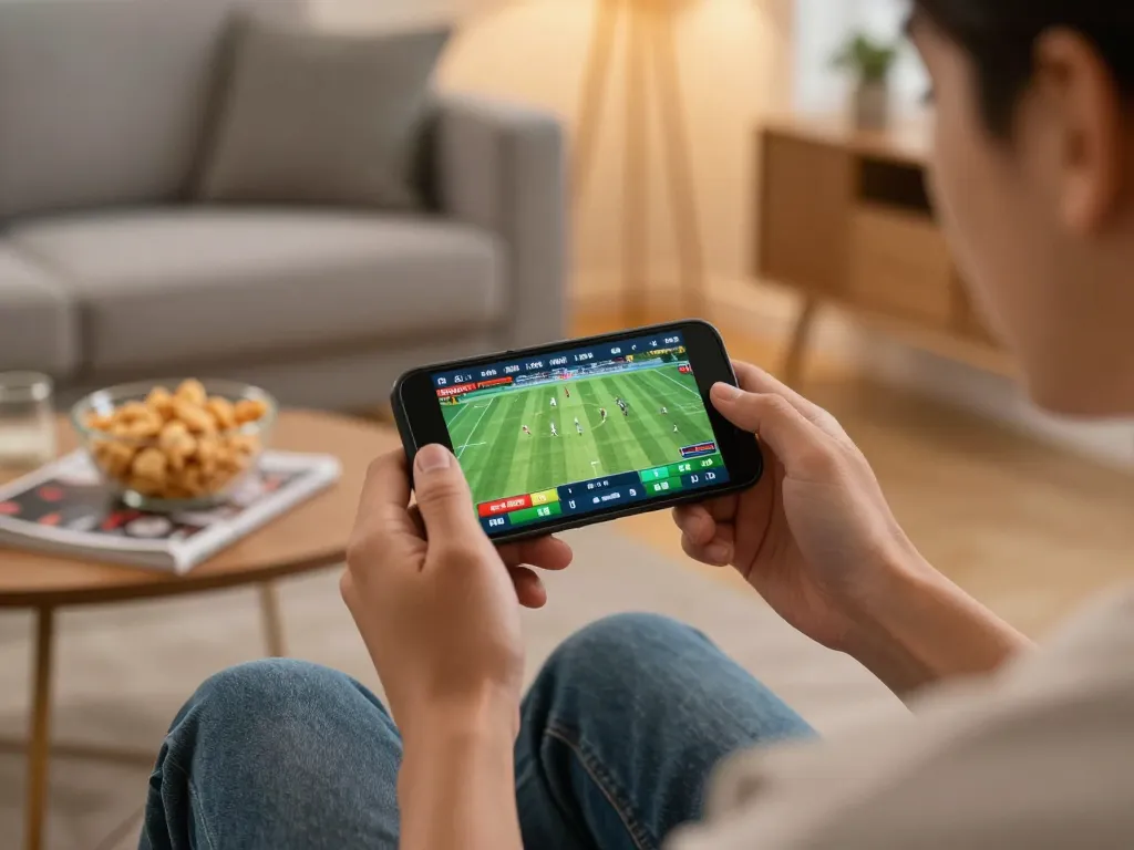 Engaged in sports betting on smartphone at home, reflecting RR88 NAVY's gaming excitement.