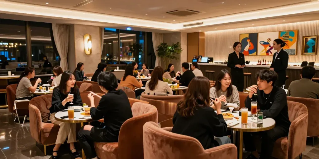 강남타이밍의 고급스러운 내부에서 고객들이 편안하게 즐기고 있는 모습