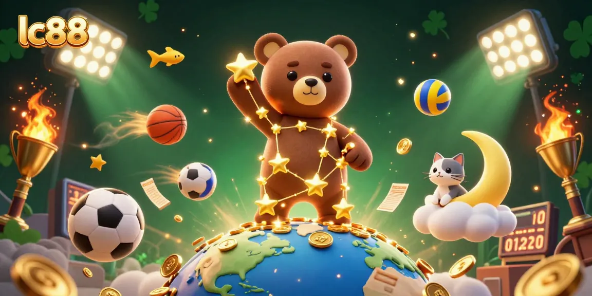 Experience exciting gameplay at lc88 with vibrant 3D casino characters scooping coins and sports action.