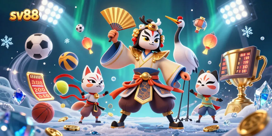Experience exciting gameplay at sv88 with a kabuki warrior and sports elements surrounding them.
