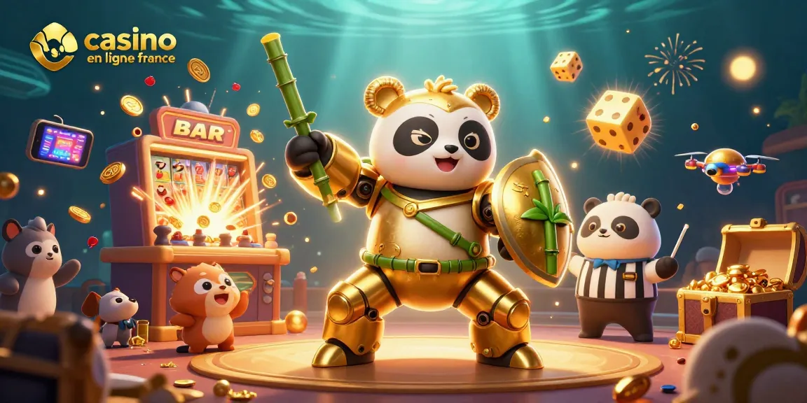 Découvrez une scène animée de jeux de casino en ligne France avec un panda doré et des machines à sous éclatantes.