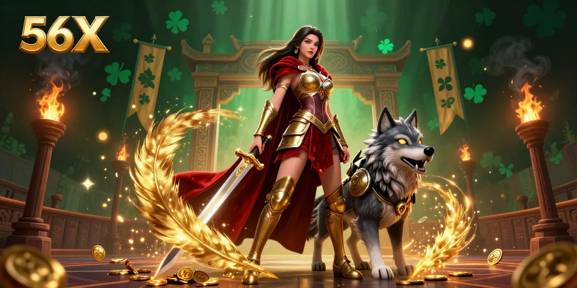 Engage with thrilling experiences at 56X, featuring a warrior queen and her wolf protector amidst vibrant casino elements.