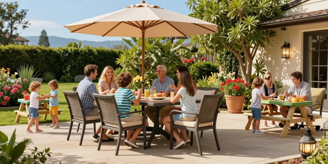 Bright outdoor scene featuring affordable patio furniture with a family enjoying the Bristol 9-Piece Dining Set.