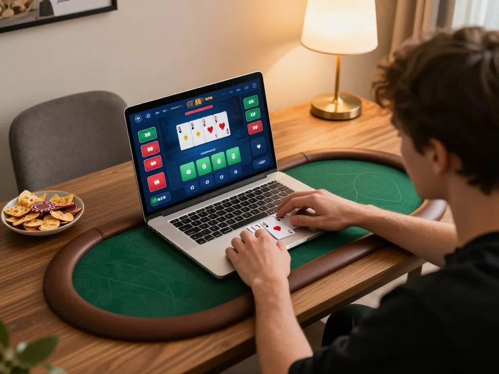 Online gaming session at home with engaging poker game on laptop showcasing 789betgo betting interface.