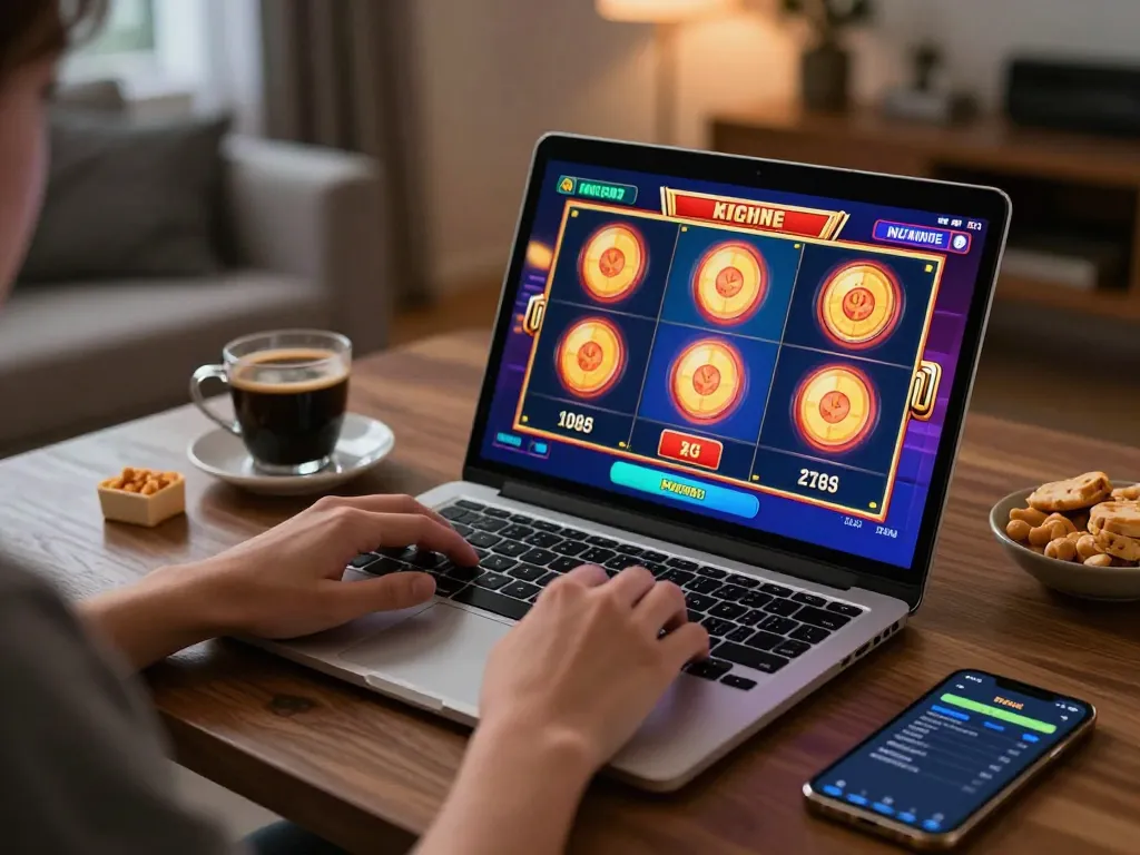 Engaging gameplay on Slot777 with colorful graphics and player tracking bankroll on laptop.