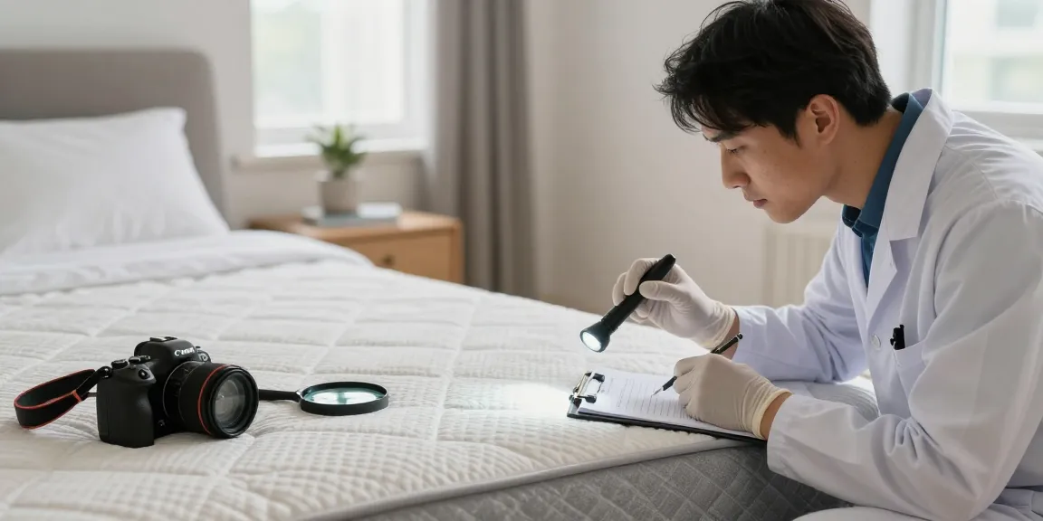 Bed bug pest control expert inspecting a mattress for infestations in a well-lit bedroom.
