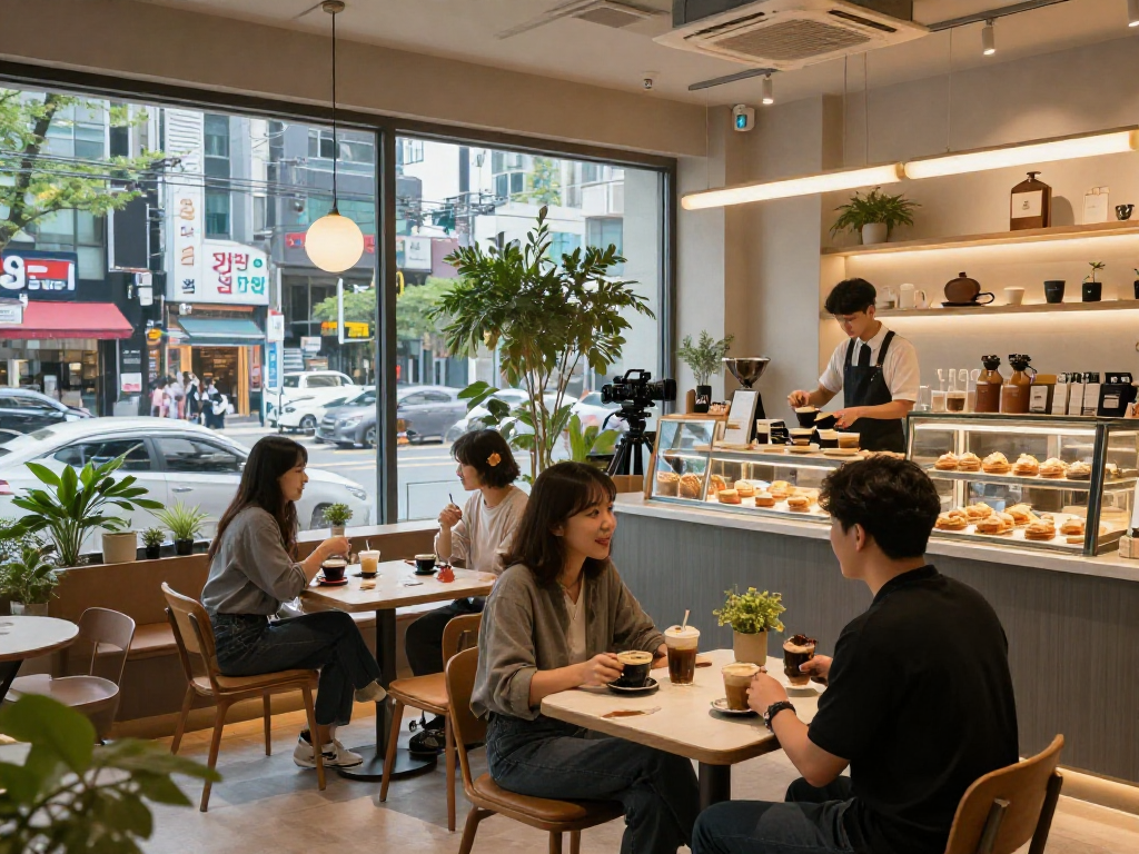 강남 멀리건 내부 모습, 친구들이 편안히 음료를 즐기며 따뜻한 분위기 속에서 소셜 경험을 나누는 장면