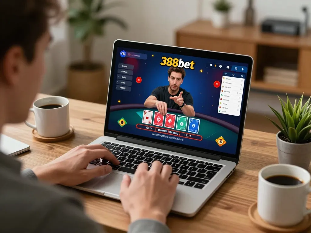 Player engaging in online blackjack game at 388bet with focused expression and cozy home setup.