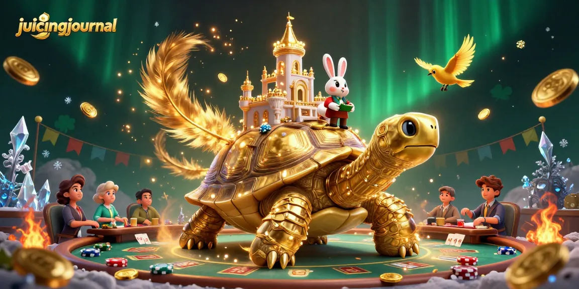 Experience the vibrant world of juicingjournal with a dynamic 3D casino scene featuring a golden tortoise and dealer.