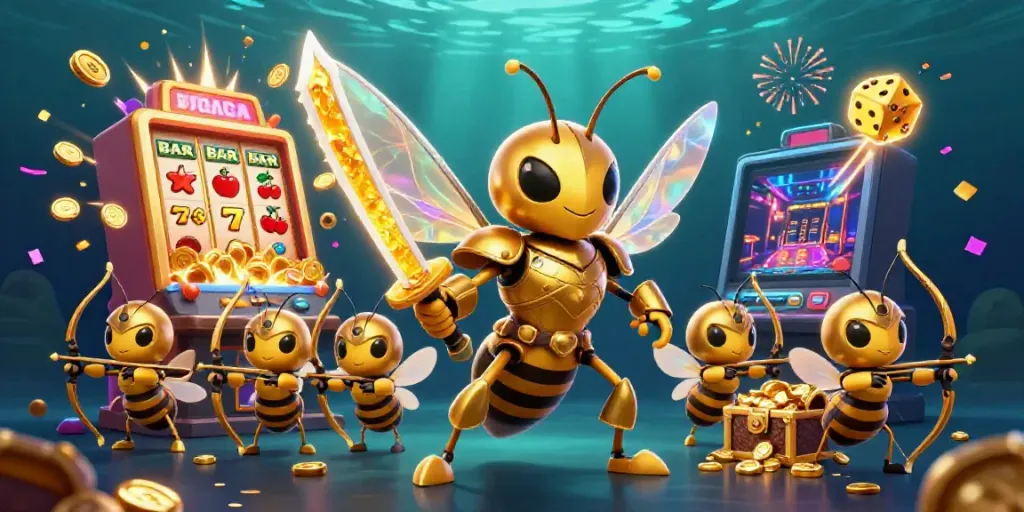 Permainan kasino slot situs janda4d dengan karakter hornet dan elemen emas yang mengagumkan.