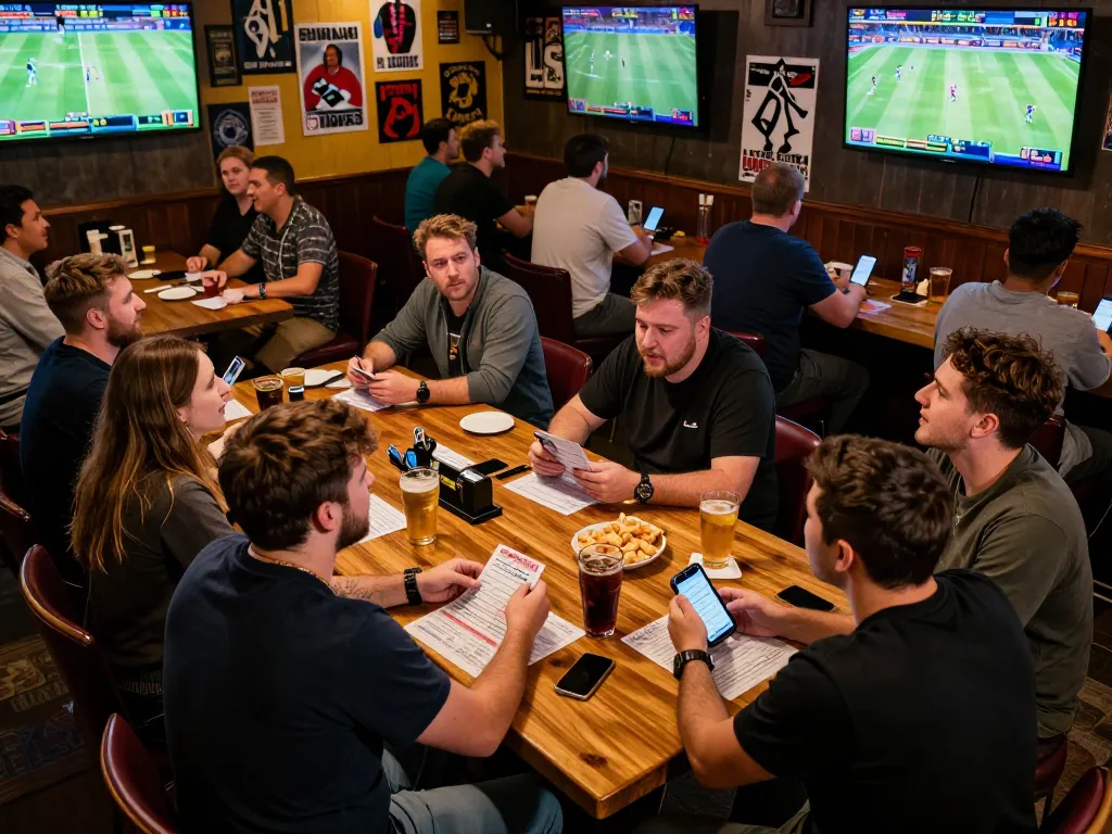 Sports betting excitement with friends analyzing vaobet odds at a lively sports bar