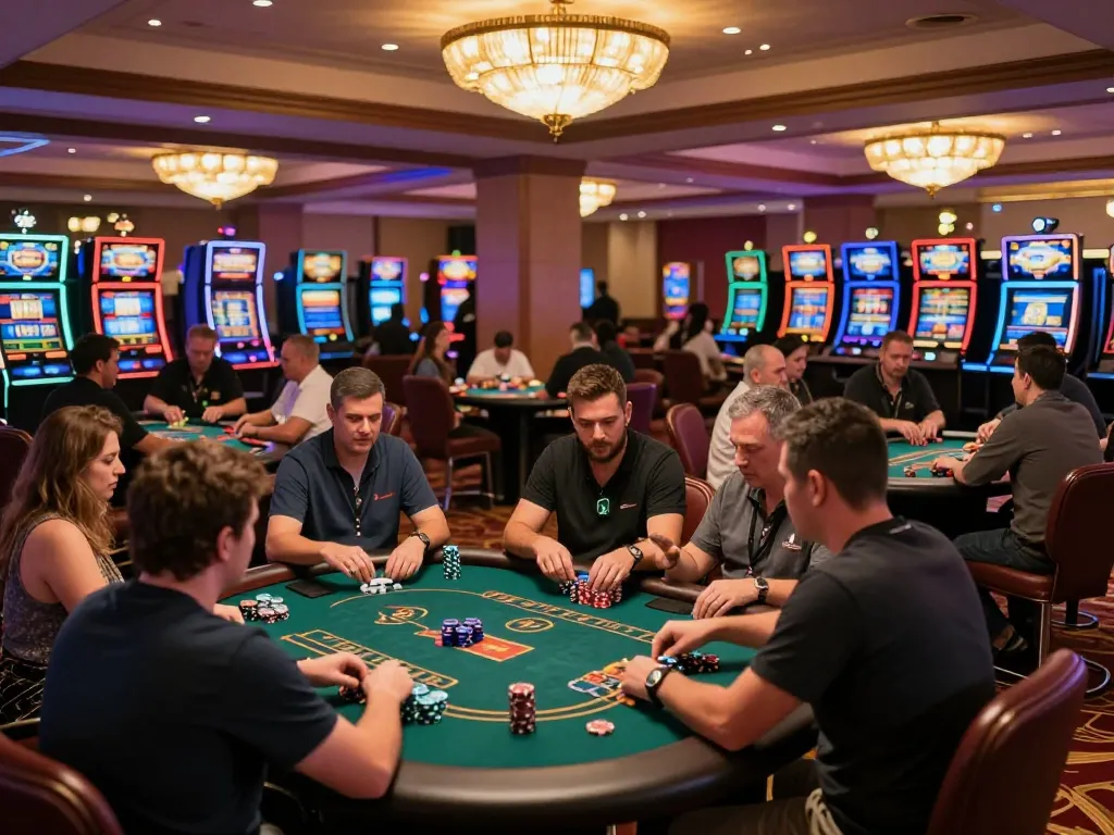 Players enjoying strategic gameplay at f168 casino tables under warm lighting, vibrant atmosphere captured.
