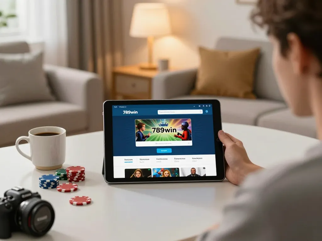 Engaged player using the 789win app on tablet, surrounded by poker chips and coffee, in a cozy home.