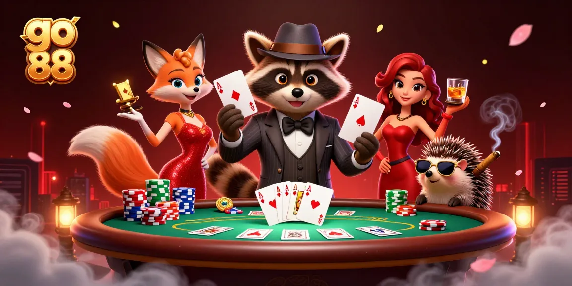 Experience thrilling poker action at go 88 with raccoon, fox, and hedgehog characters in a vibrant casino scene.
