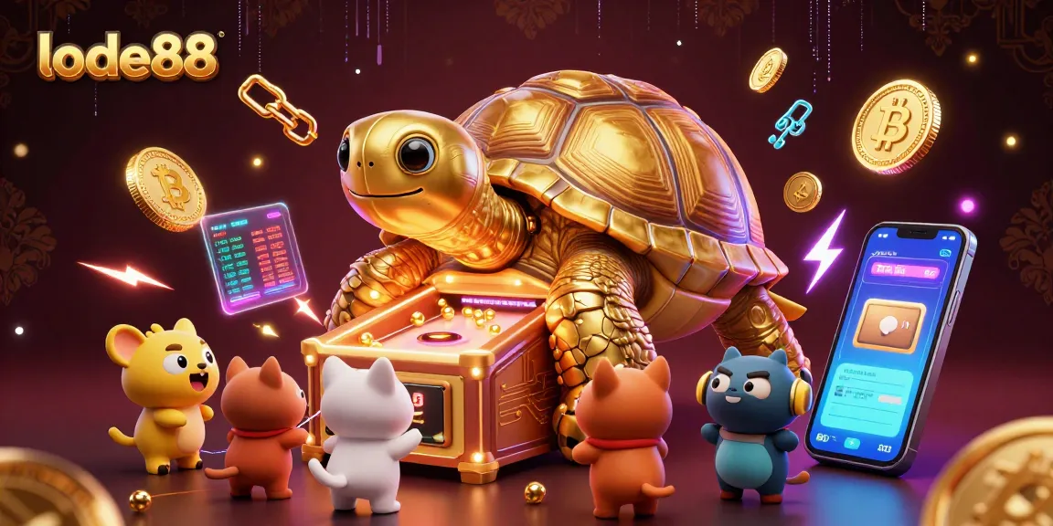 Experience gaming excitement with lode88 featuring a colossal golden tortoise in a vibrant casino scene