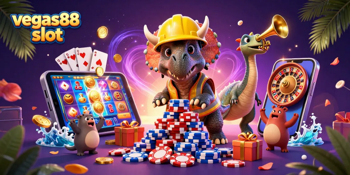Mengikuti vegas88 slot, triceratops dan parasaurolophus merayakan kemenangan dengan chip poker dan permainan slot yang berputar.