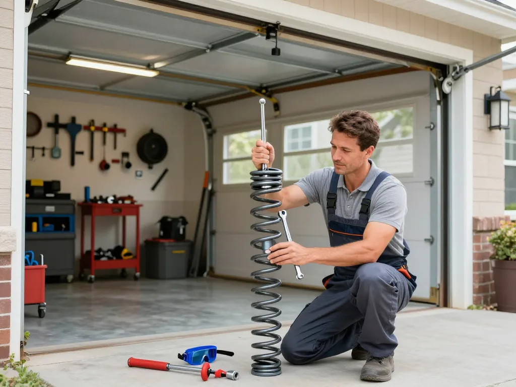 Expert technician performing Peoria garage door spring replacement in a well-organized garage.