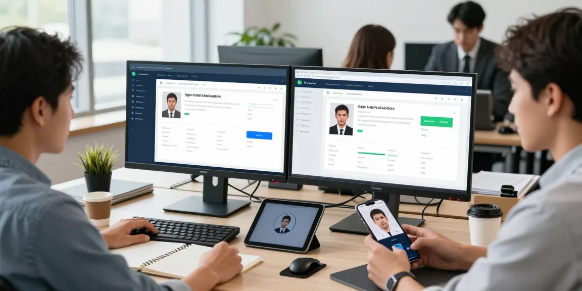 Age verification system in action with developers testing interfaces and algorithms in a modern workspace.