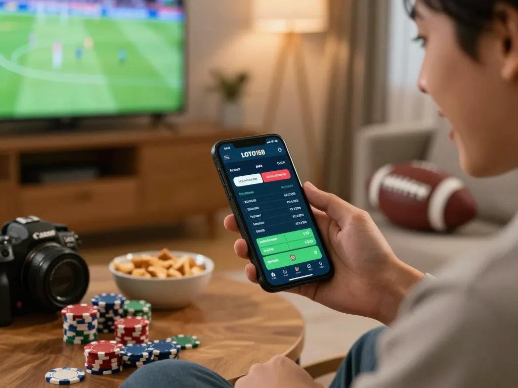Player using LOTO188 app for live sports betting at home, with smartphone and snacks visible