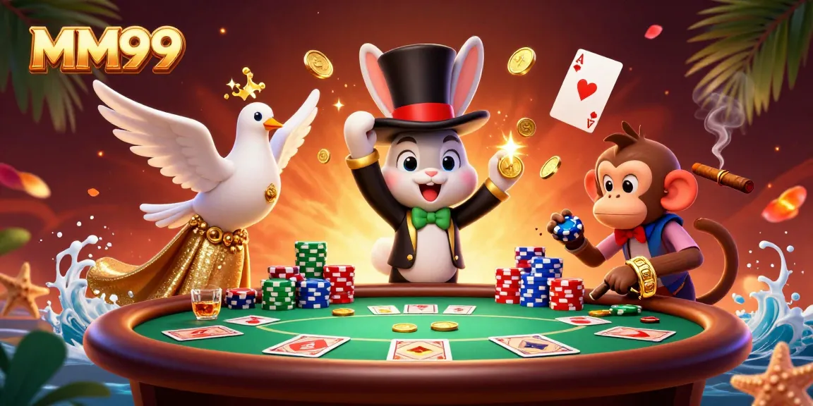 Engage in MM99 poker excitement where a magician rabbit pulls coins amidst vibrant casino elements.