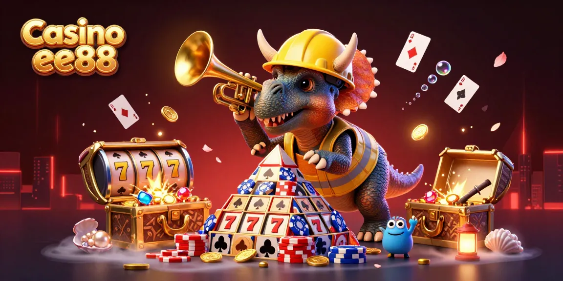 Win big at Casino ee88 with this vibrant 3D scene of triceratops building poker chips amidst festive celebrations.