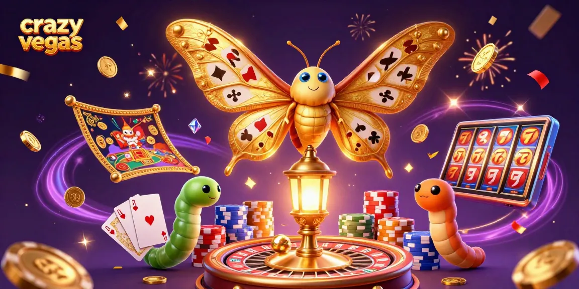 Cascading coins and vivid gems surround the crazyvegas moth, symbolizing exciting online casino wins.