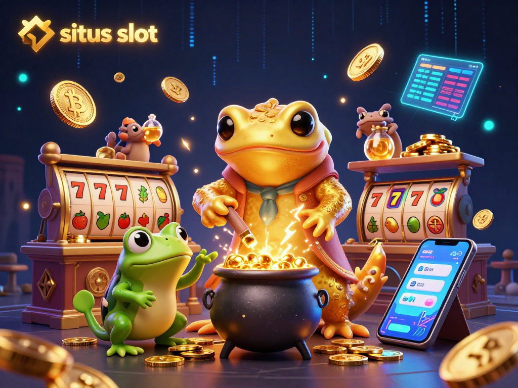 Engage with situs slot in a vibrant, dynamic 3D casino illustration depicting alchemy and crypto.