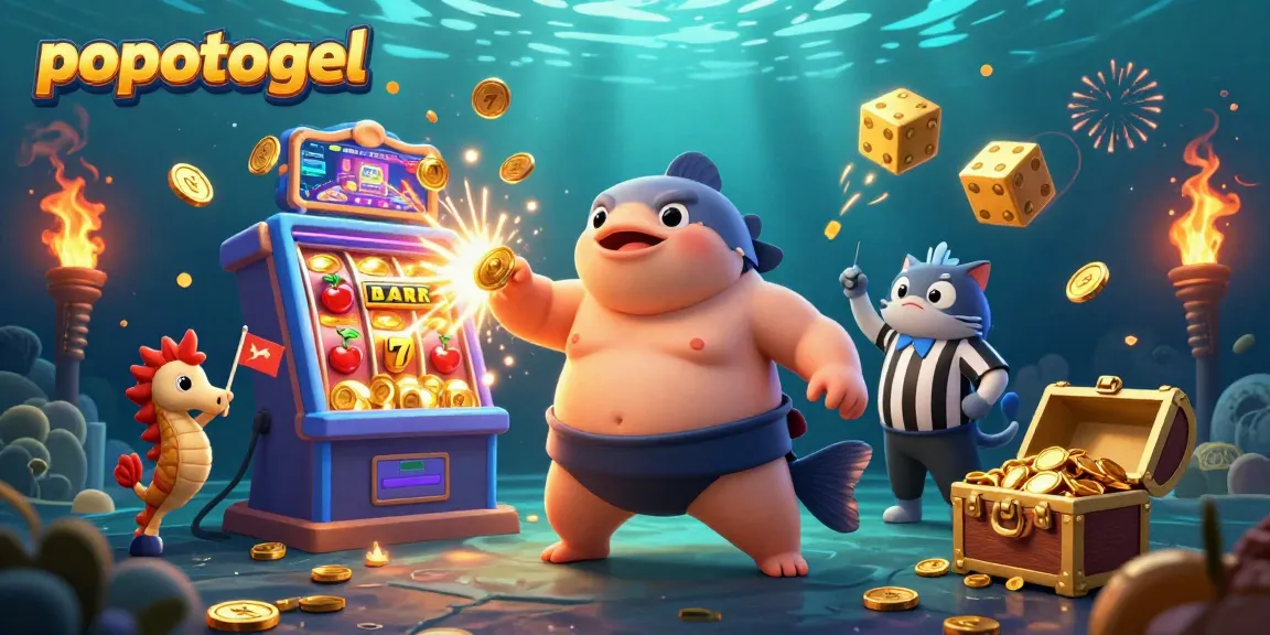 Experience thrilling gameplay with popotogel featuring a giant fugu in an underwater casino, surrounded by vibrant elements.