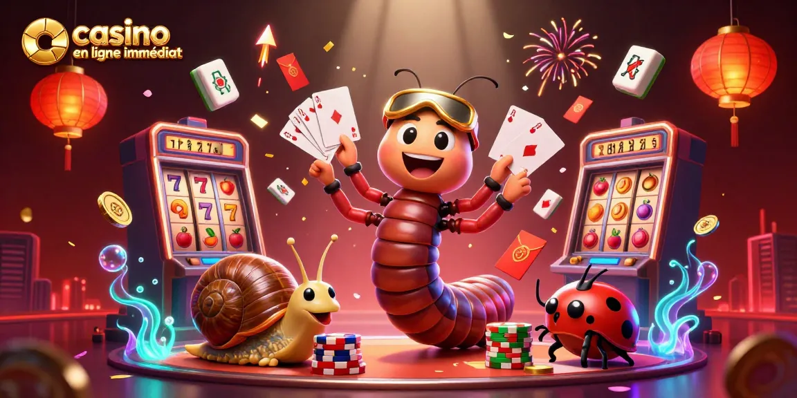 Casino en ligne retrait immédiat avec des personnages de casino animés, une ambiance festive et colorée.
