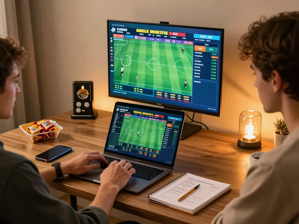 Person engaging in online sports betting at home with abc8go platform, surrounded by betting strategies and tech.