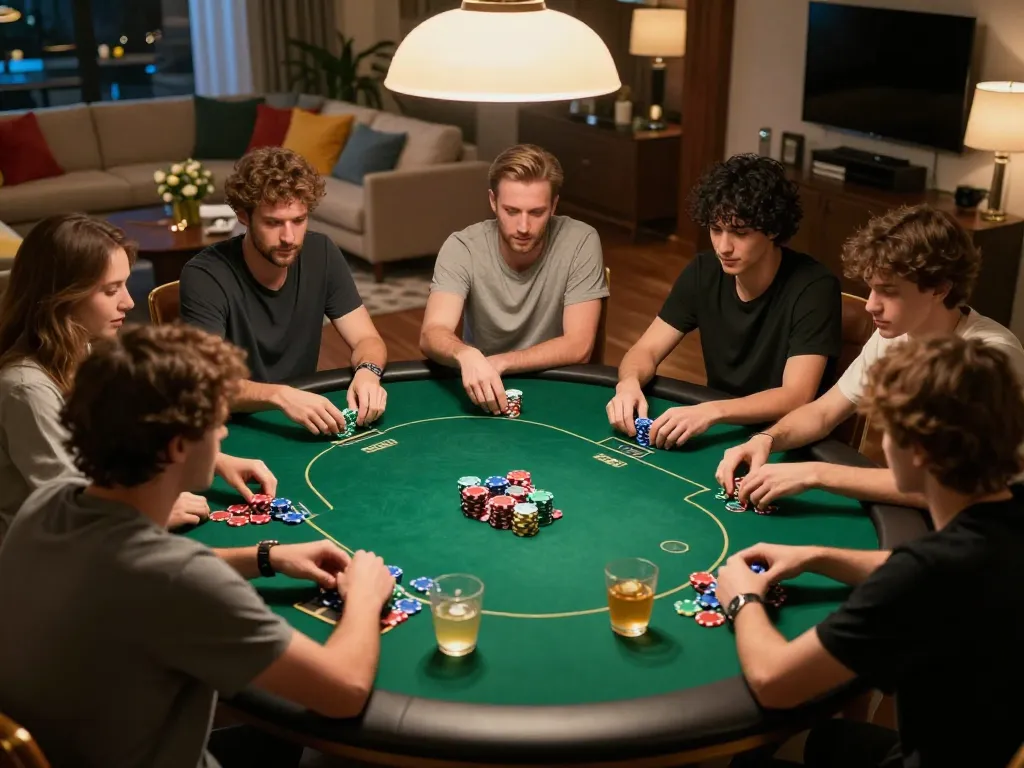 Onbet players strategizing in a lively home poker game, showcasing intense gameplay and social atmosphere.