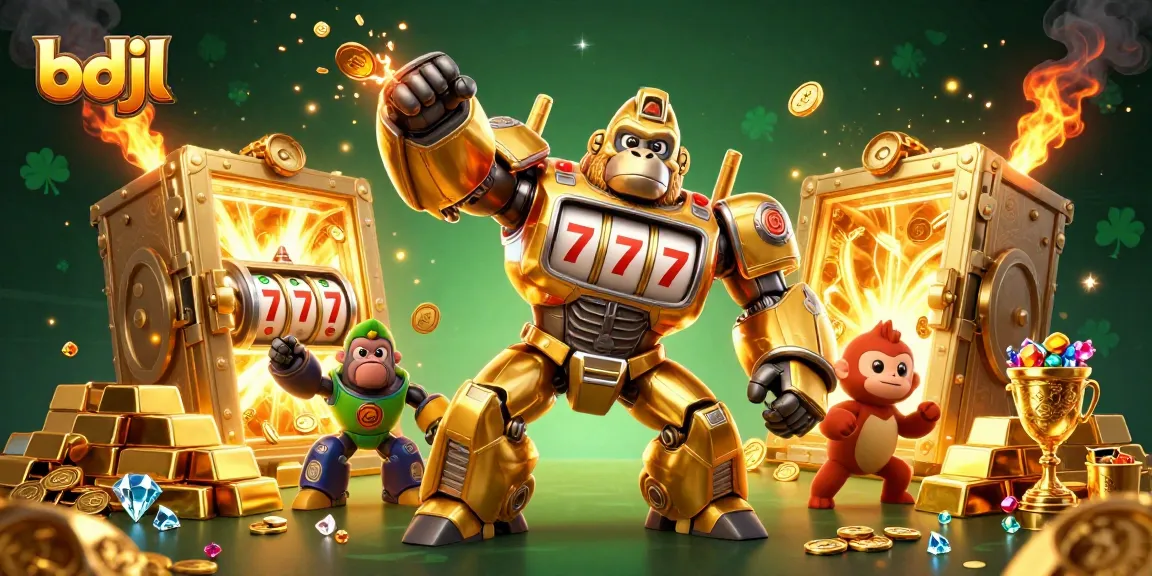 Experience excitement at bdjl with a dynamic gorilla mech and jackpot treasures in this vivid casino scene.