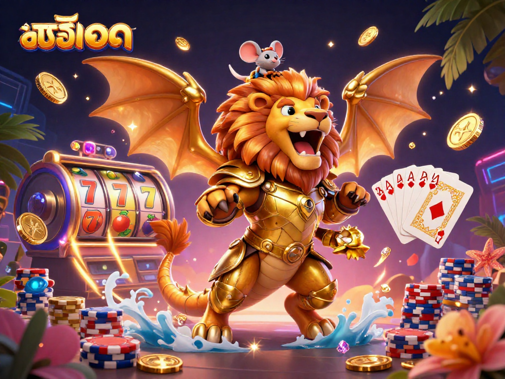 Spin the reels of สล็อต with a golden armored chimera and mouse jockey in vibrant casino scene