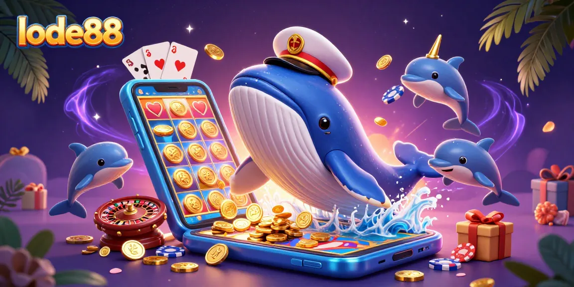 Lode88 brings excitement alive with a captain whale, narwhal, and dolphins amidst a dynamic casino scene.