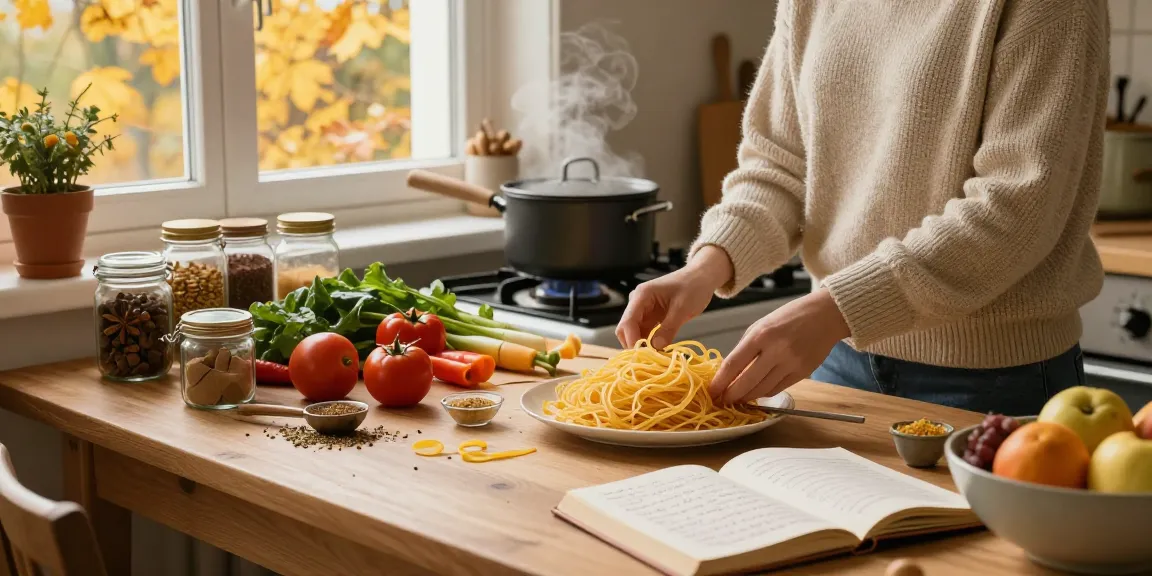 Kochen mit Gewürzen in einer gemütlichen Herbstküche mit Gewürzen und frischem Gemüse.