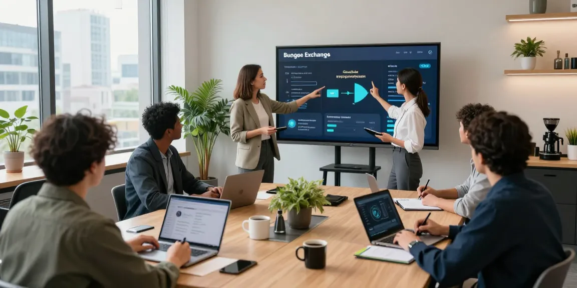Professionals discussing Bungee Exchange cross-chain solutions in a modern office during a strategic meeting, highlighting teamwork and blockchain technology.