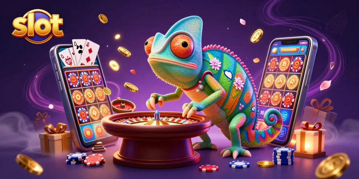 Mesin slot BMWSLOT88 dengan chameleon kasino menangkap koin emas dalam suasana meriah.