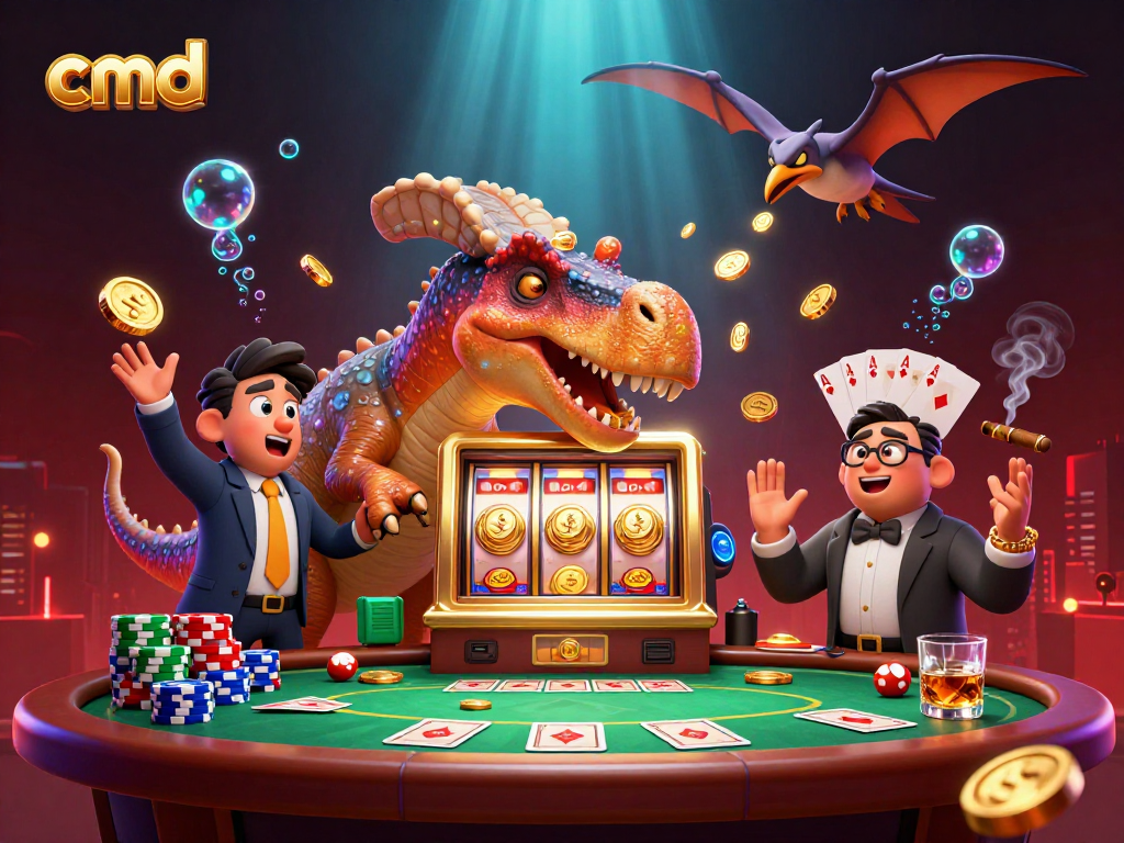 cmd slot machine burst, featuring a dinosaur hitting for jackpot coins in a vibrant casino setting