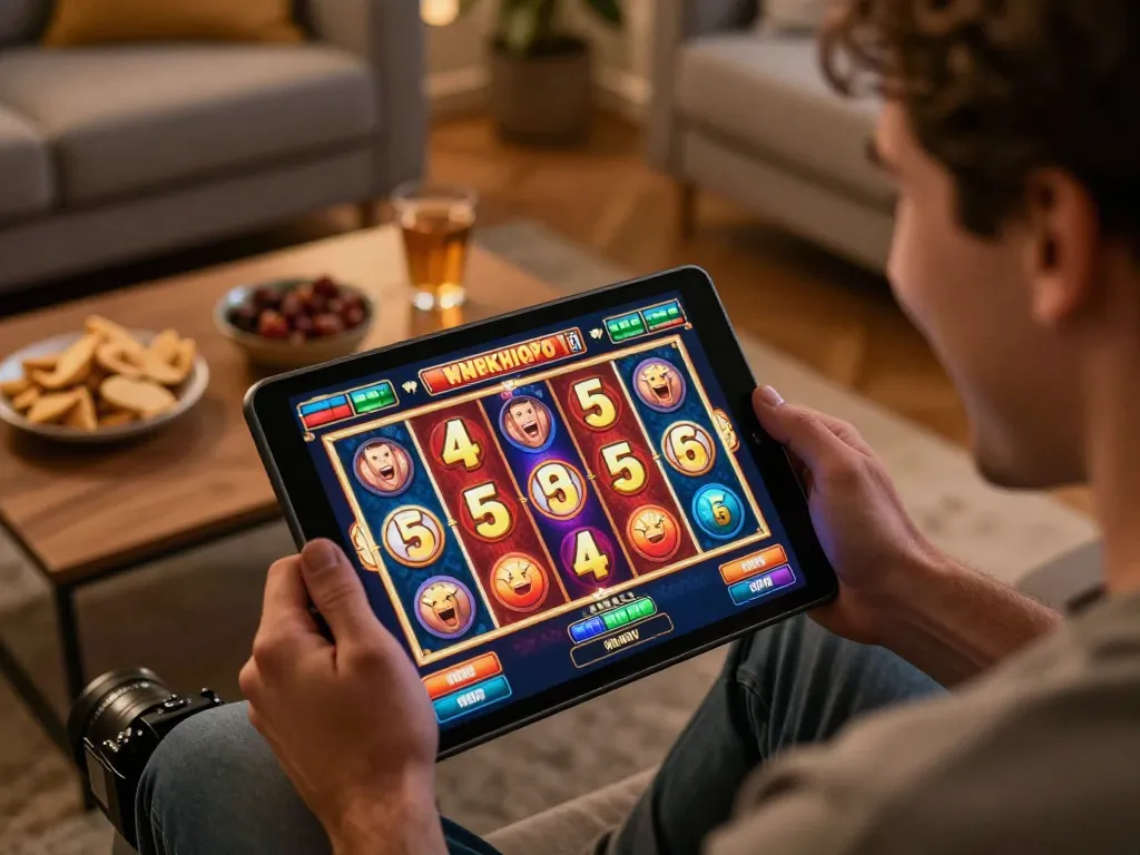 Engaging player enjoying a vibrant online slot game on a tablet at home, symbolizing online gambling entertainment.