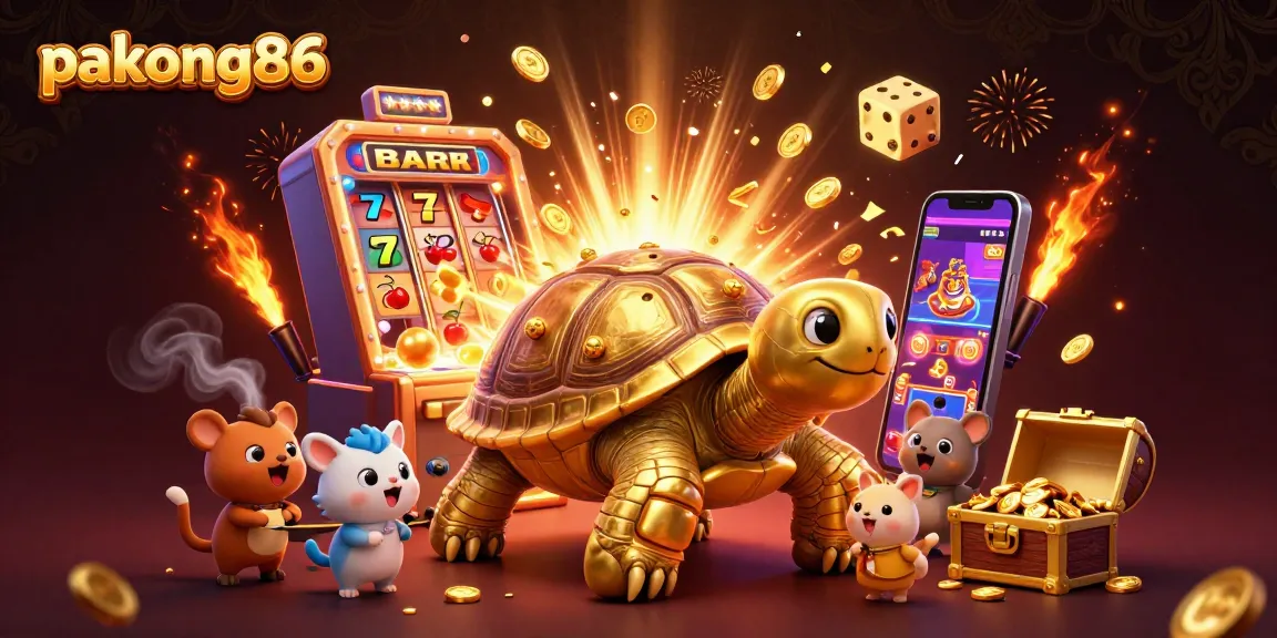 Experience exciting wins with pakong86 in a vibrant 3D casino scene filled with slot machines and golden treasures.