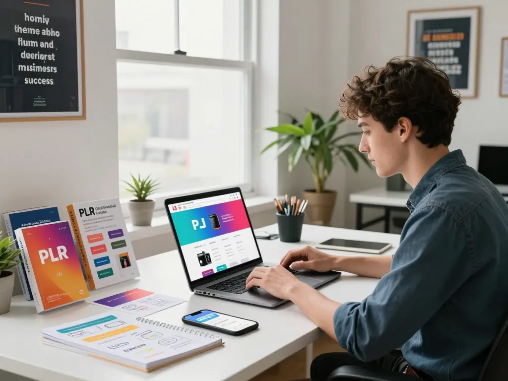 Buy PLR Products Online in a vibrant e-commerce workspace setting showcasing e-books and templates.