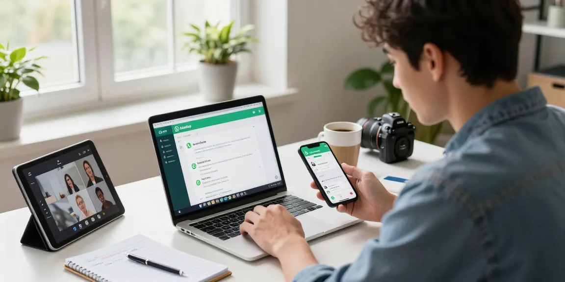 Downloading WhatsApp下載 on laptop and smartphone in a modern workspace