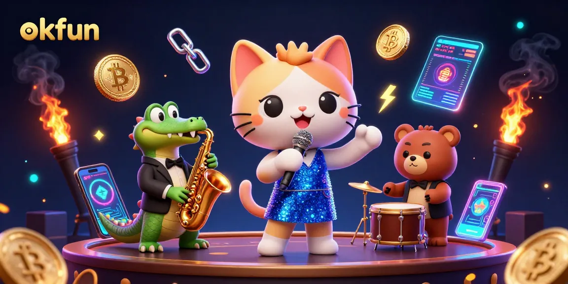 Place bets at okfun with a fun 3D casino scene featuring a jazzy cat, saxophone crocodile, and energetic bear cub.