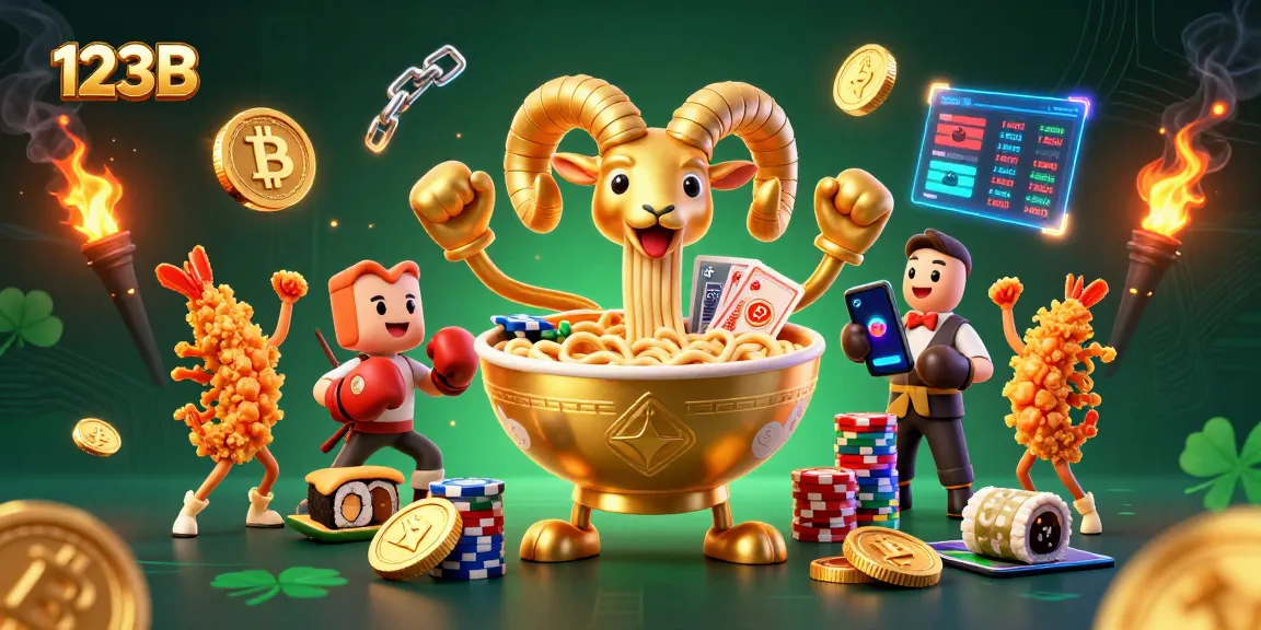 Engage with 123B's vibrant casino scene featuring a playful ramen bowl character and cryptocurrency elements.