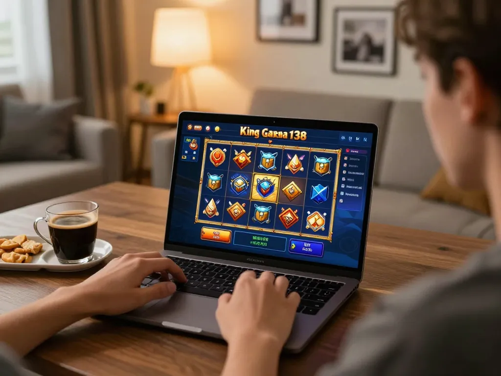 Player enjoying king garuda138 slots on a laptop in cozy home setting with snacks and warm lighting.